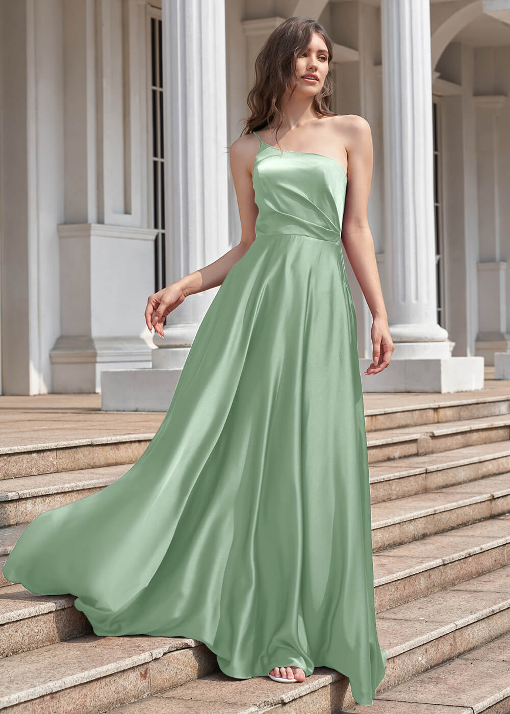 A-line Long One Shoulder Pleated Satin Bridesmaid Dress