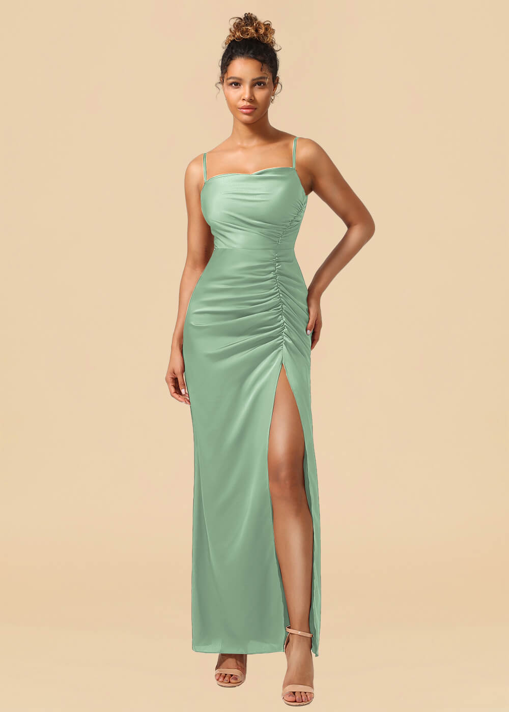 Sheath Satin Pleated Adjustable Spaghatti Strap Maxi Bridesmaid Dress