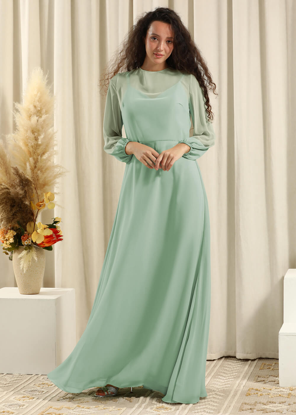 Long Sleeve A-line Chiffon Keyhole Back Bridesmaid Dress