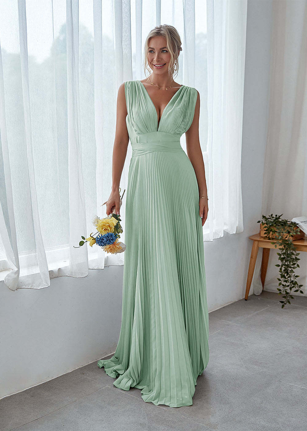 V Back Pleated Bridesmaid Dress