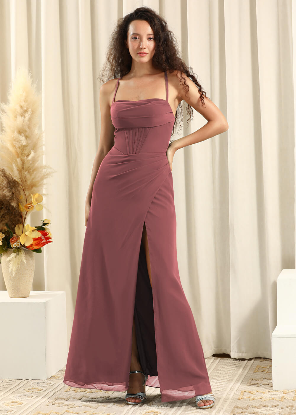 Spaghetti Strap Corset Top Sheath Chiffon Slit Bridesmaid Dress