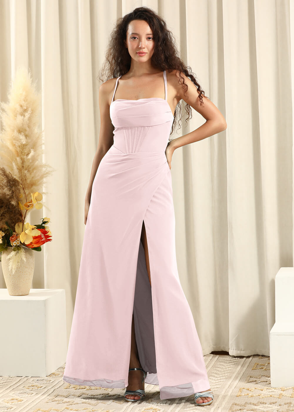 Spaghetti Strap Corset Top Sheath Chiffon Slit Bridesmaid Dress