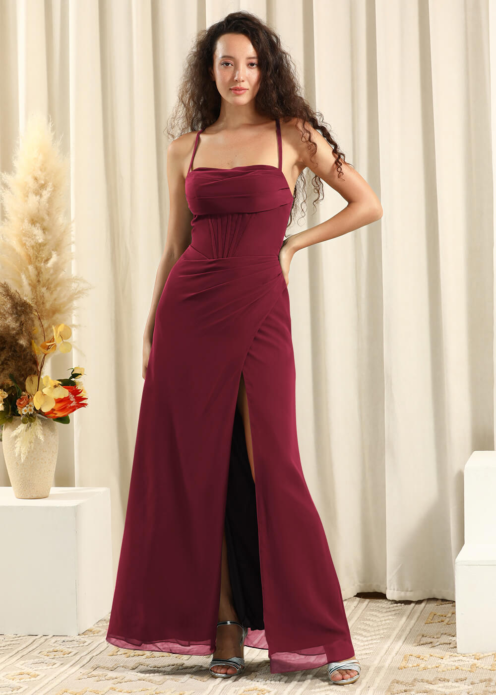 Spaghetti Strap Corset Top Sheath Chiffon Slit Bridesmaid Dress