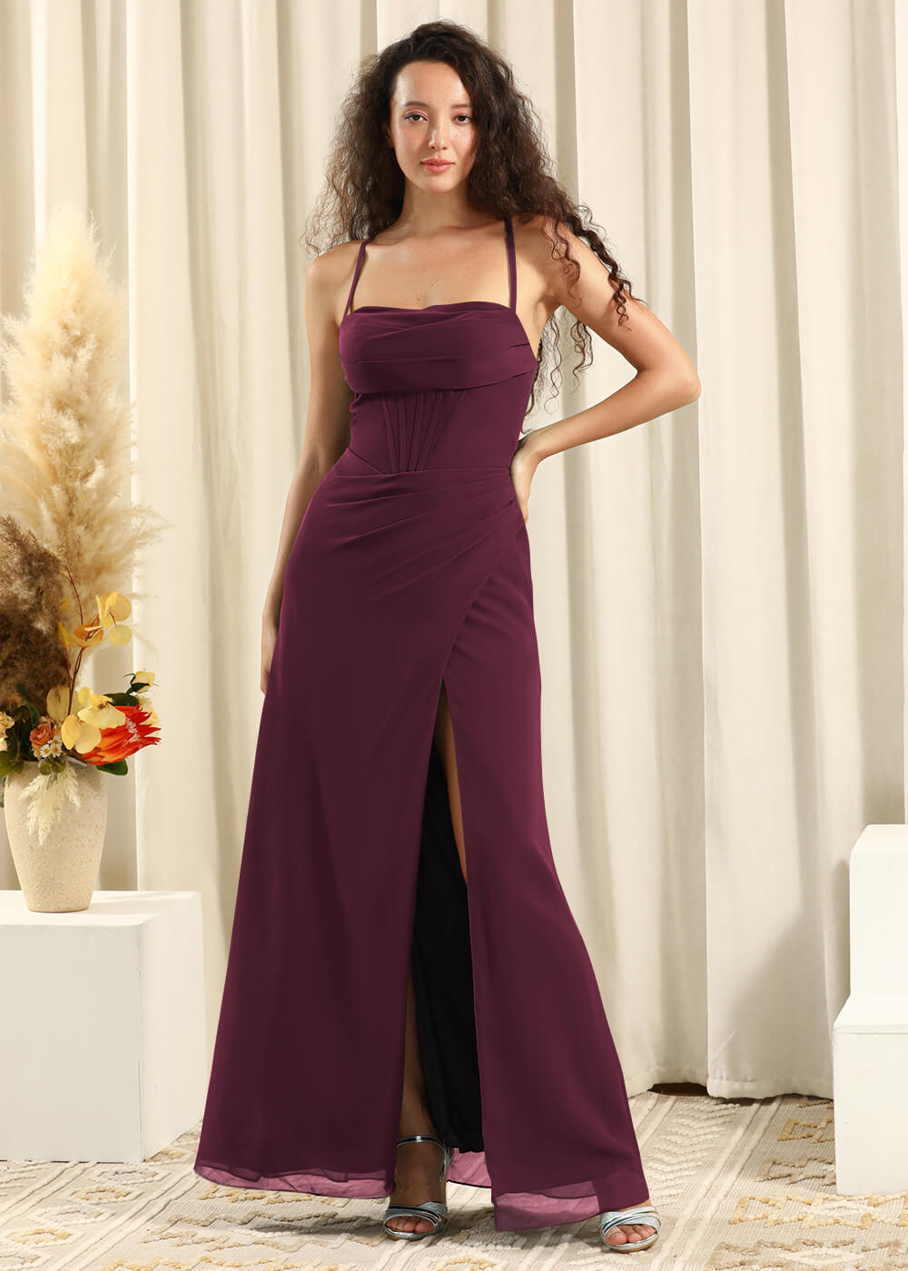 Spaghetti Strap Corset Top Sheath Chiffon Slit Bridesmaid Dress