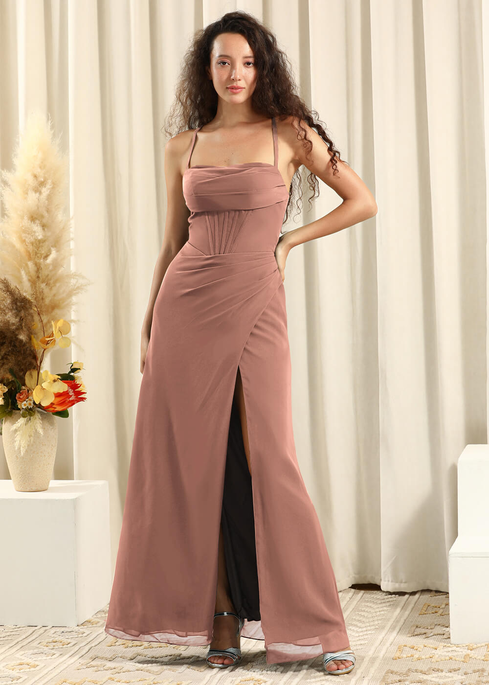 Spaghetti Strap Corset Top Sheath Chiffon Slit Bridesmaid Dress