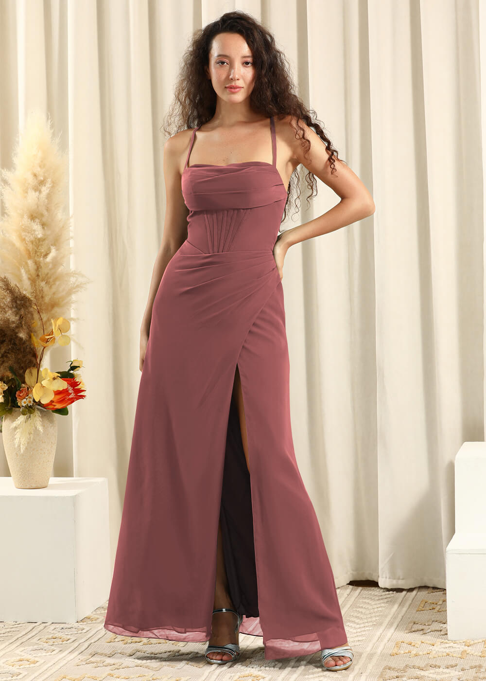 Spaghetti Strap Corset Top Sheath Chiffon Slit Bridesmaid Dress