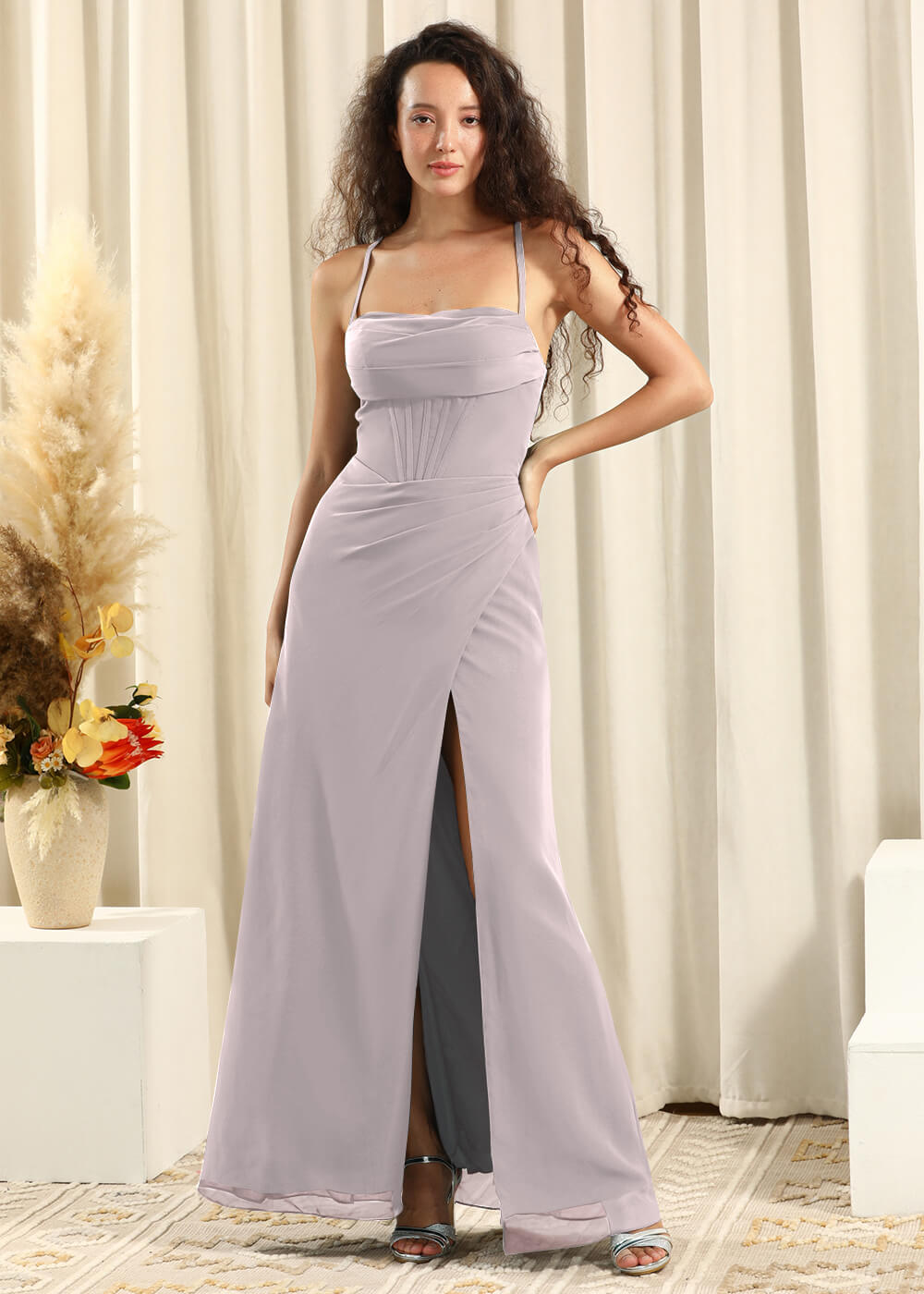 Spaghetti Strap Corset Top Sheath Chiffon Slit Bridesmaid Dress