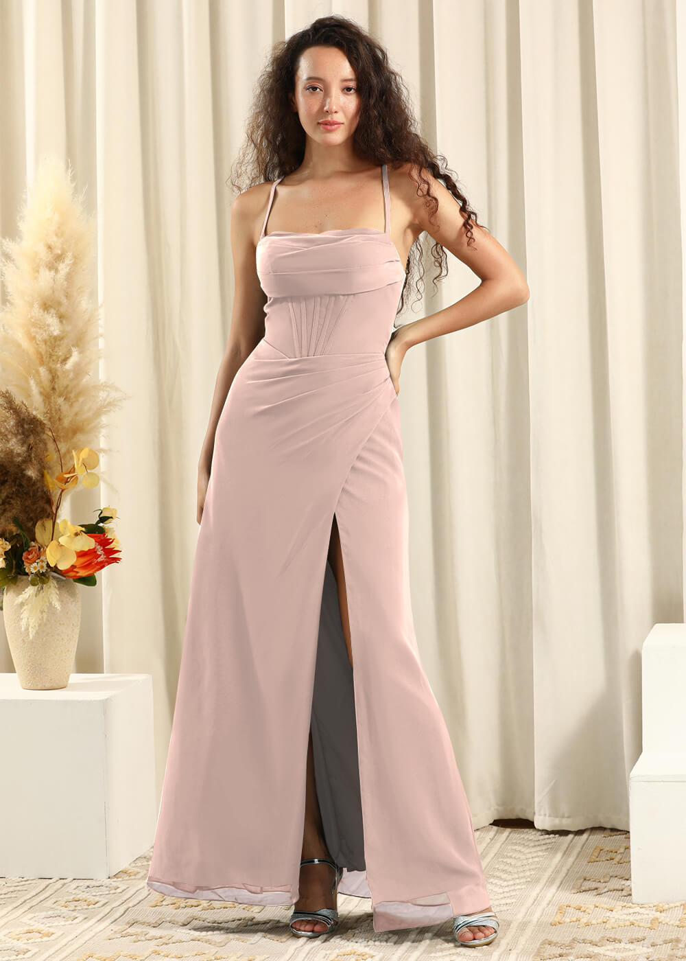 Spaghetti Strap Corset Top Sheath Chiffon Slit Bridesmaid Dress