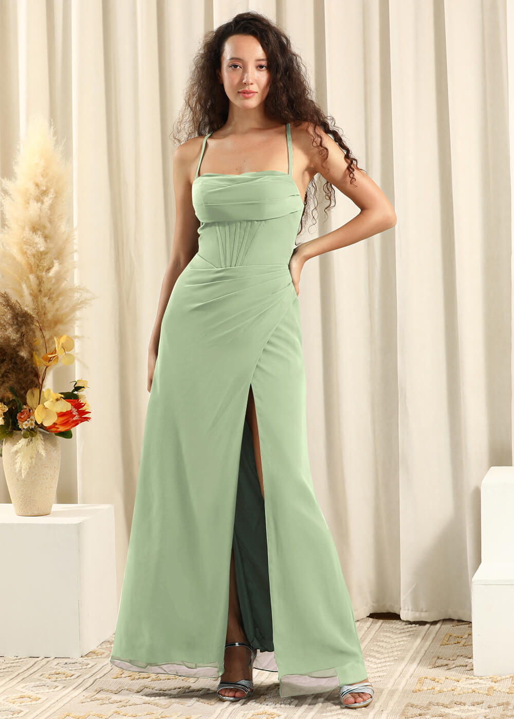 Spaghetti Strap Corset Top Sheath Chiffon Slit Bridesmaid Dress