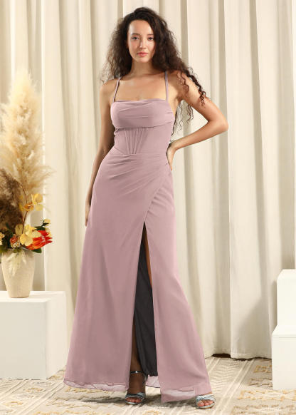 Spaghetti Strap Corset Top Sheath Chiffon Slit Bridesmaid Dress
