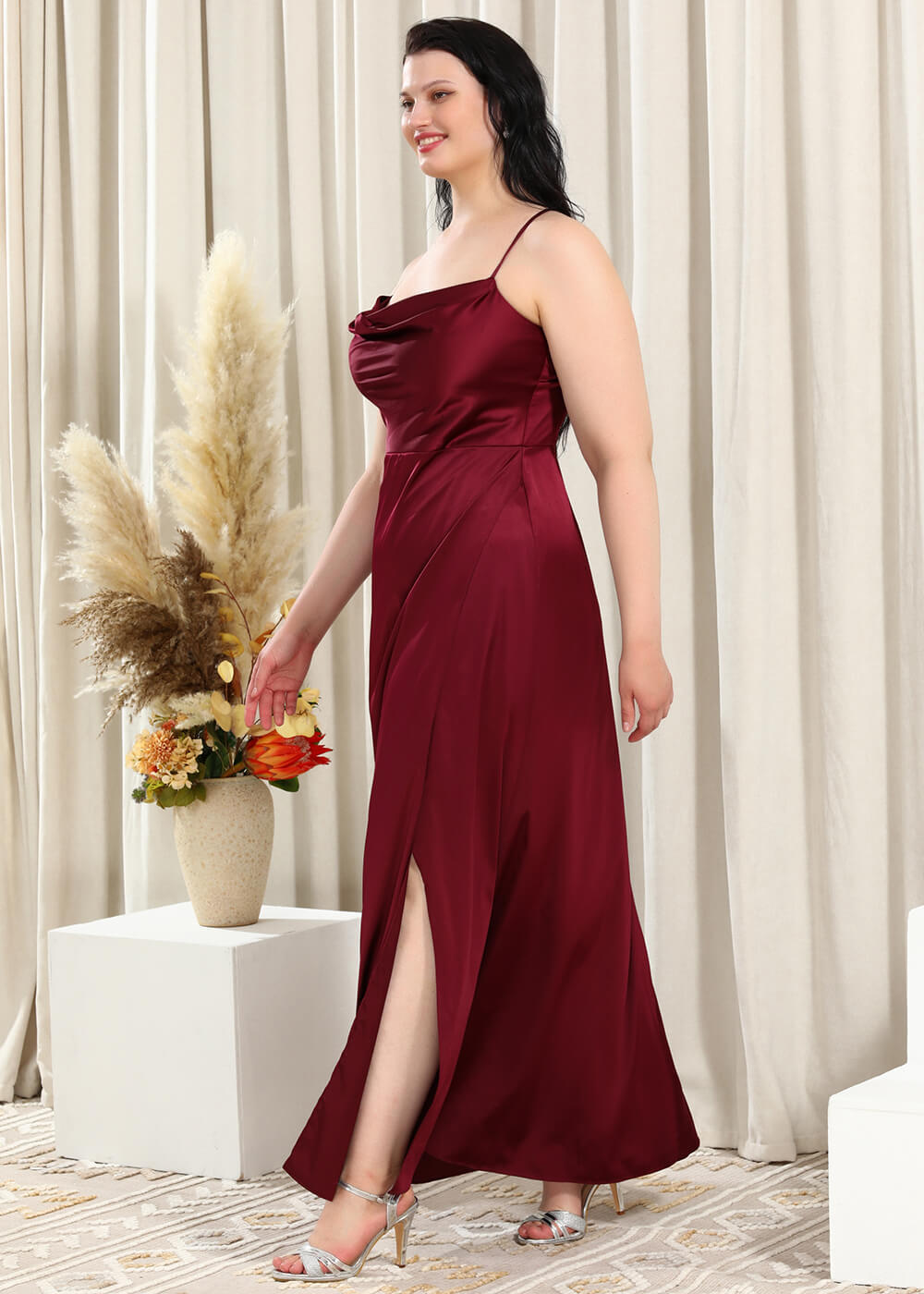 Cowl Neck Spaghetti Strap Satin Sheath Long Bridesmaid Dress with Side Slit