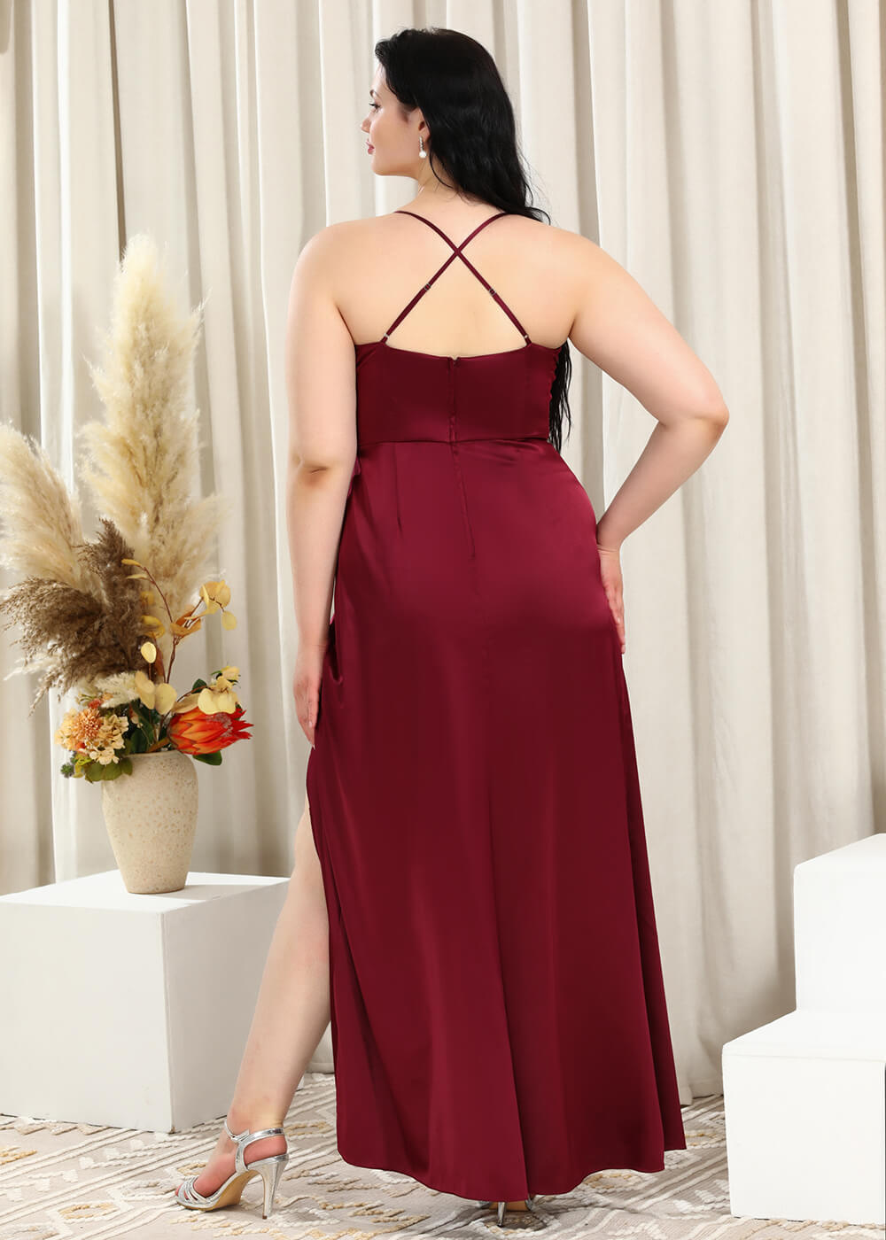 Cowl Neck Spaghetti Strap Satin Sheath Long Bridesmaid Dress with Side Slit