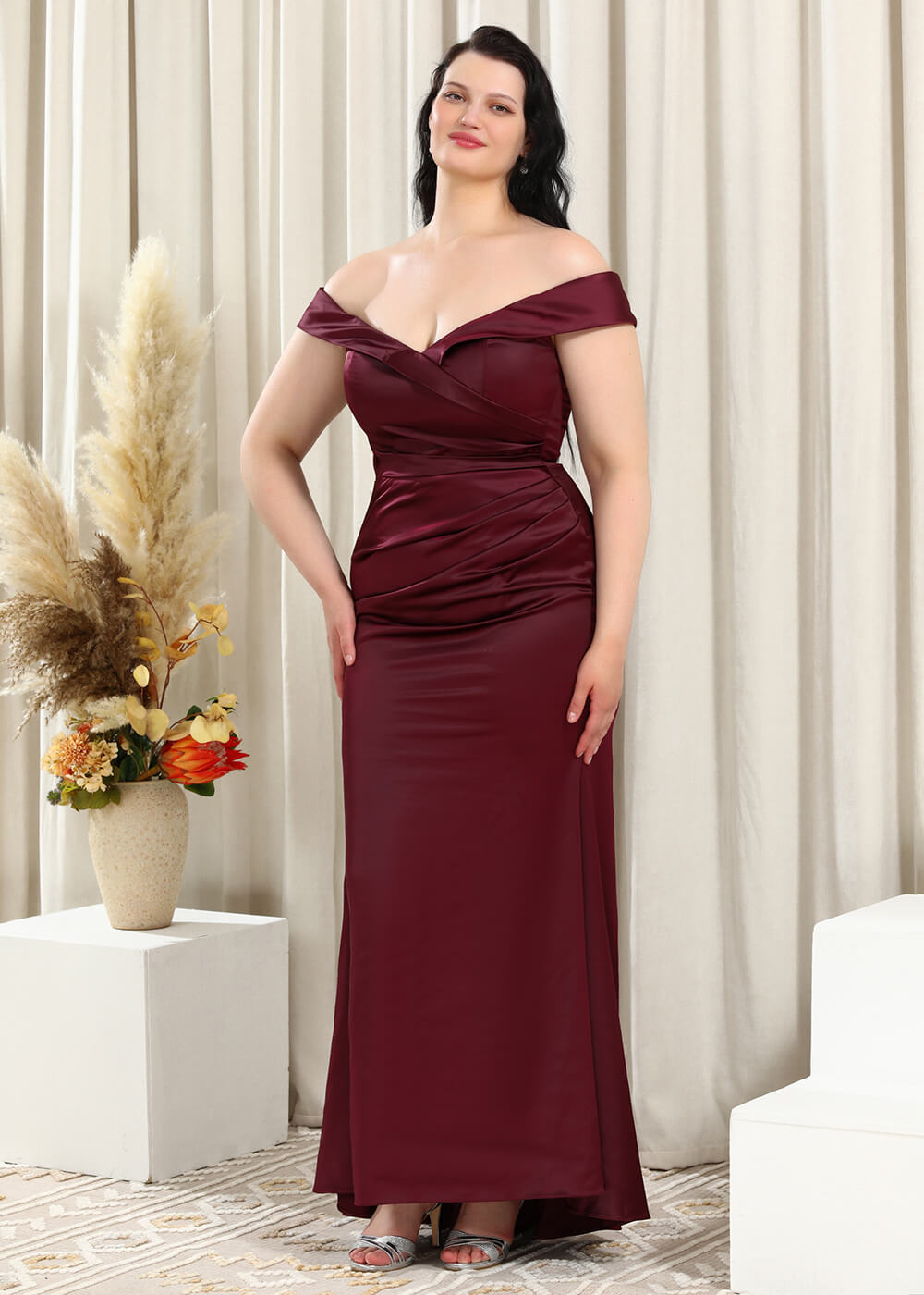 Off-the-Shoulder Trumpet Pleated Satin Floor Length Bridesmaid Dress