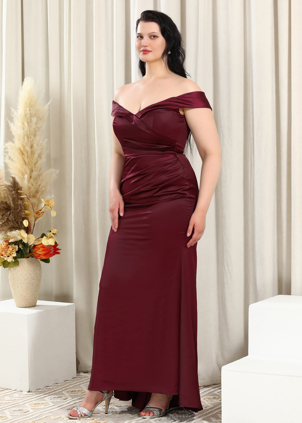 Off-the-Shoulder Trumpet Pleated Satin Floor Length Bridesmaid Dress