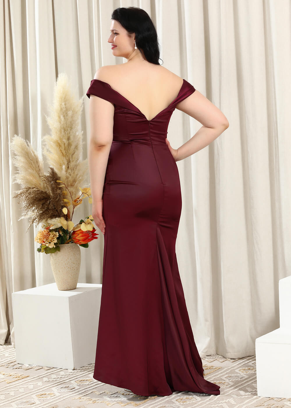 Off-the-Shoulder Trumpet Pleated Satin Floor Length Bridesmaid Dress