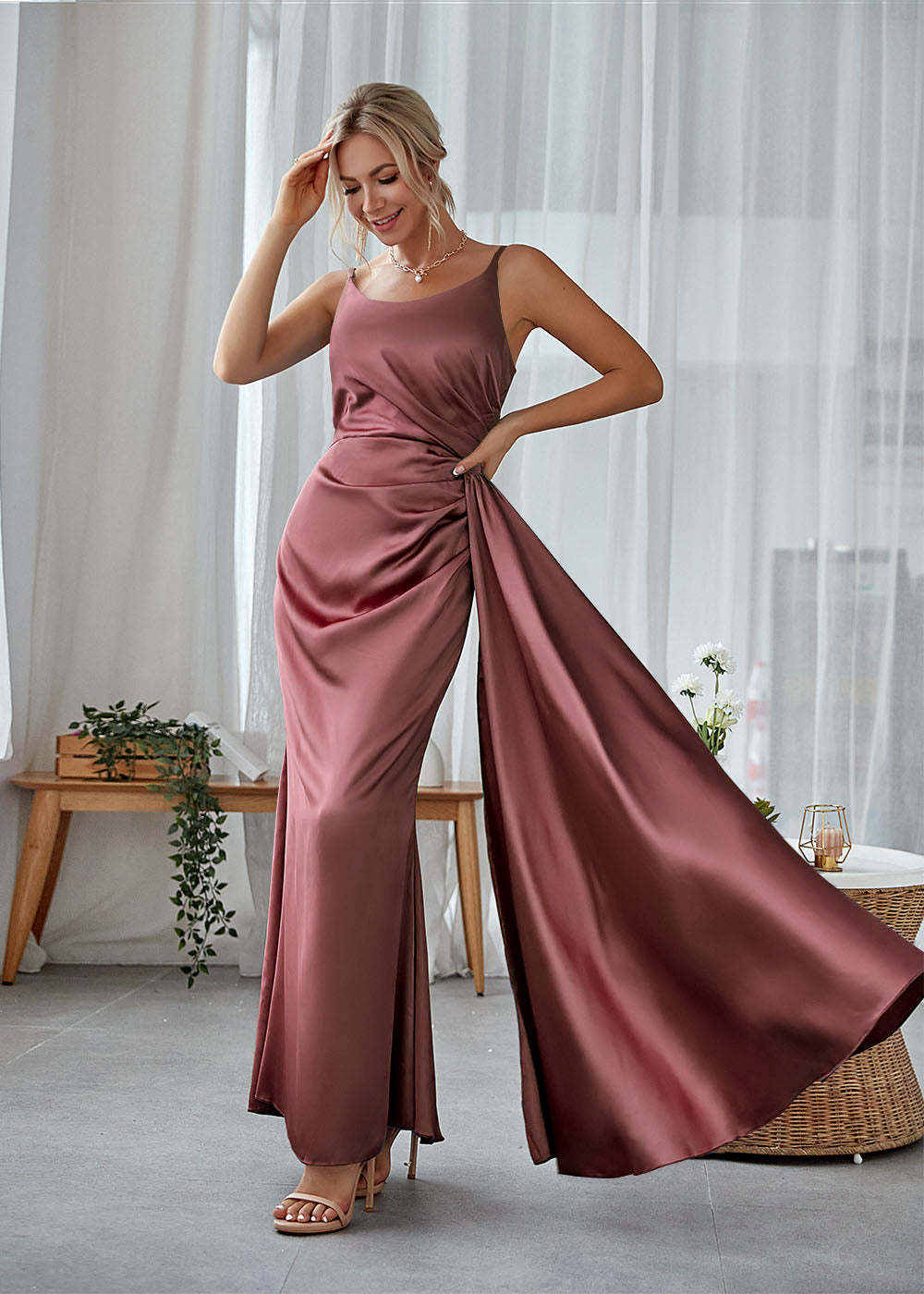 Satin Long Sheath Wedding Party Dress