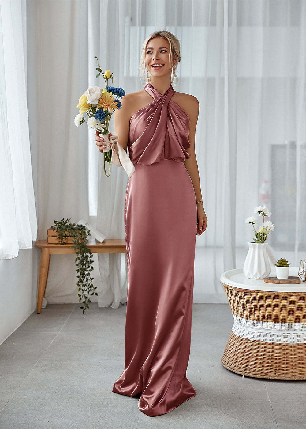 Halter Sheath Luxe Satin Maxi Dress