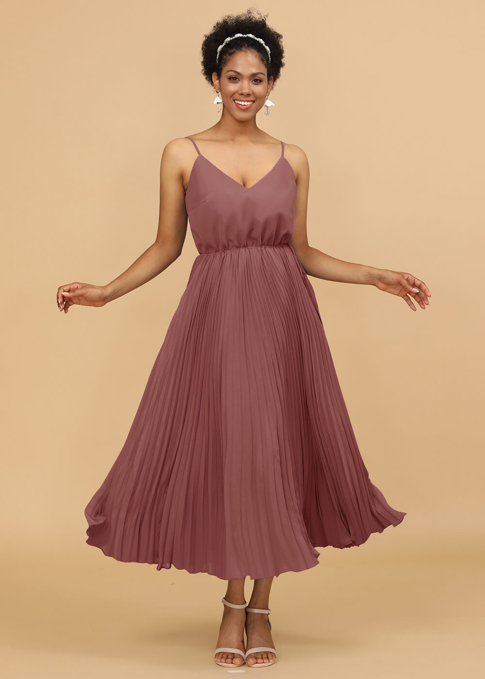 V-neck Spaghetti Strap Tea Length Bridesmaid Dress