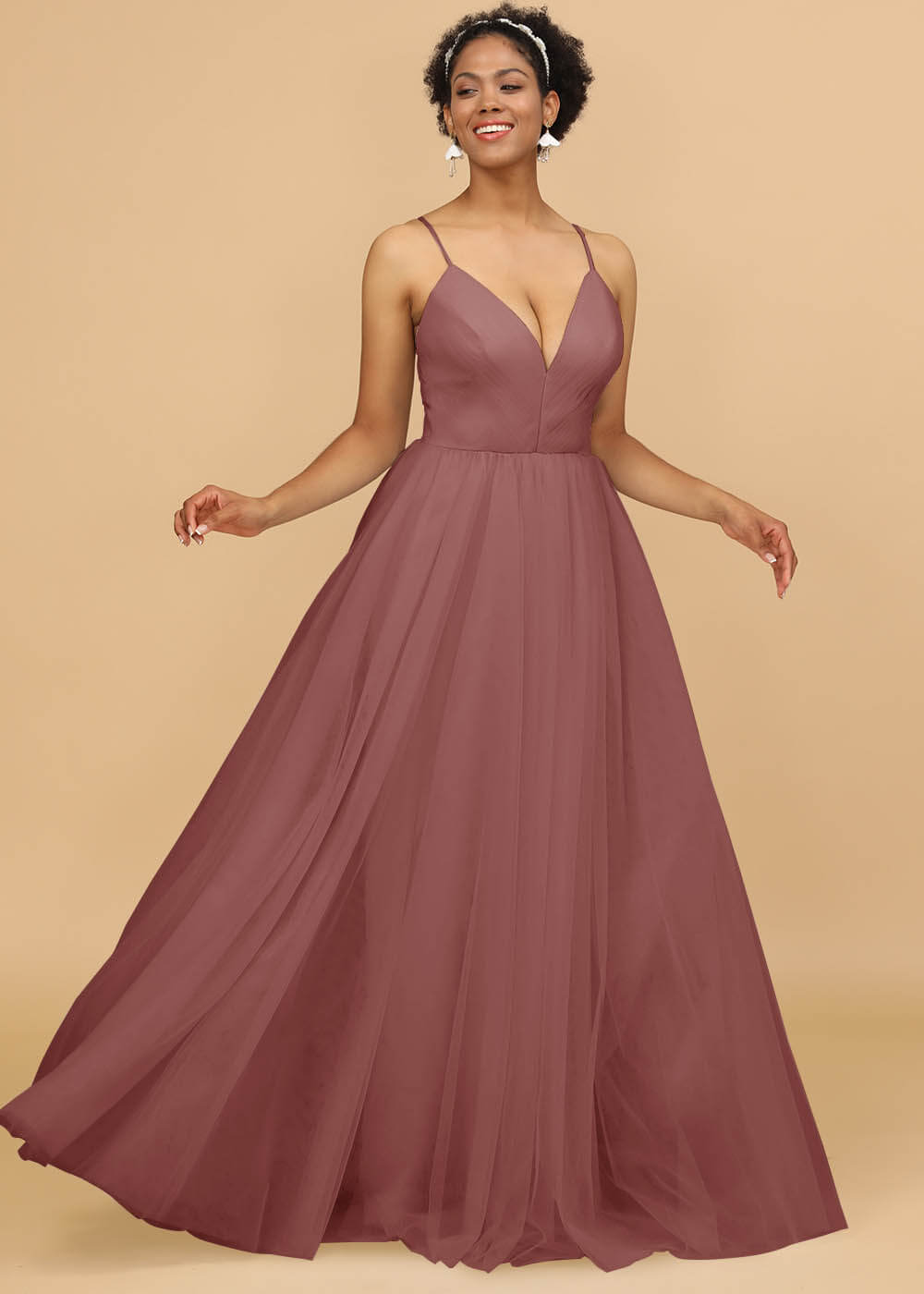 Deep V-neck Strap Tulle Bridesmaid Dress