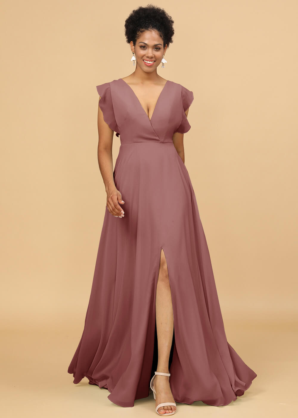 V-neck Ruffles Cap Sleeve Chiffon Bridesmaid Dress