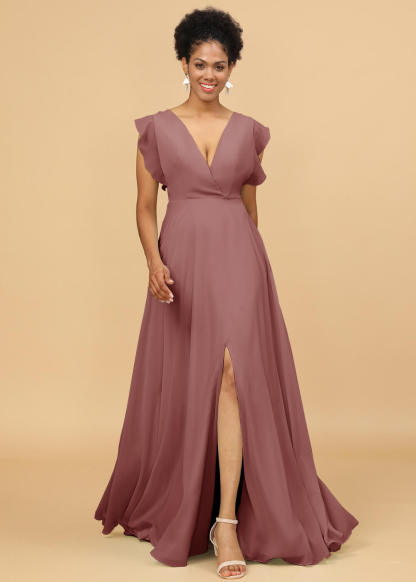 V-neck Ruffles Cap Sleeve Chiffon Bridesmaid Dress