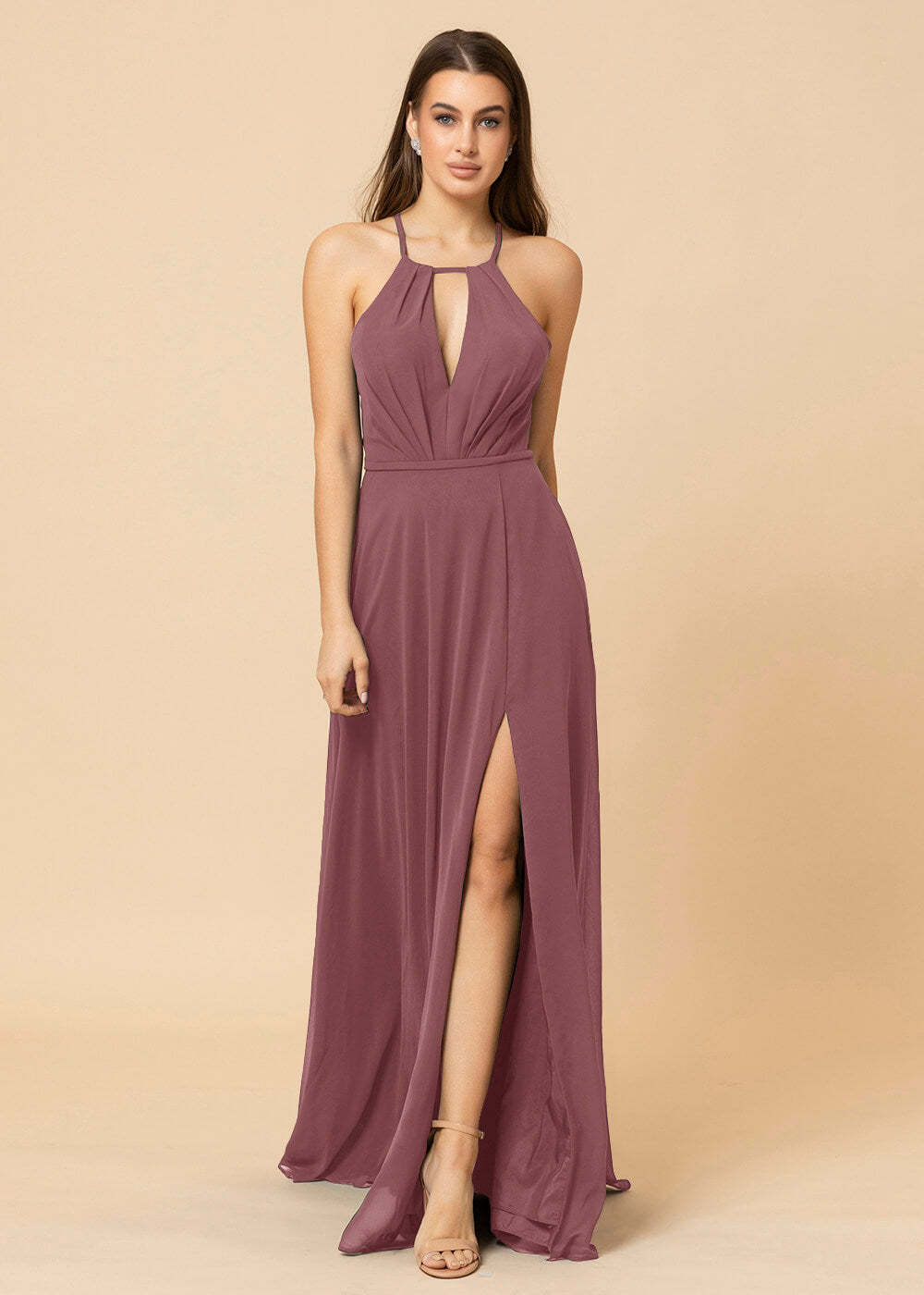 Halter Neck Chiffon Floor Length Bridesmaid Dress