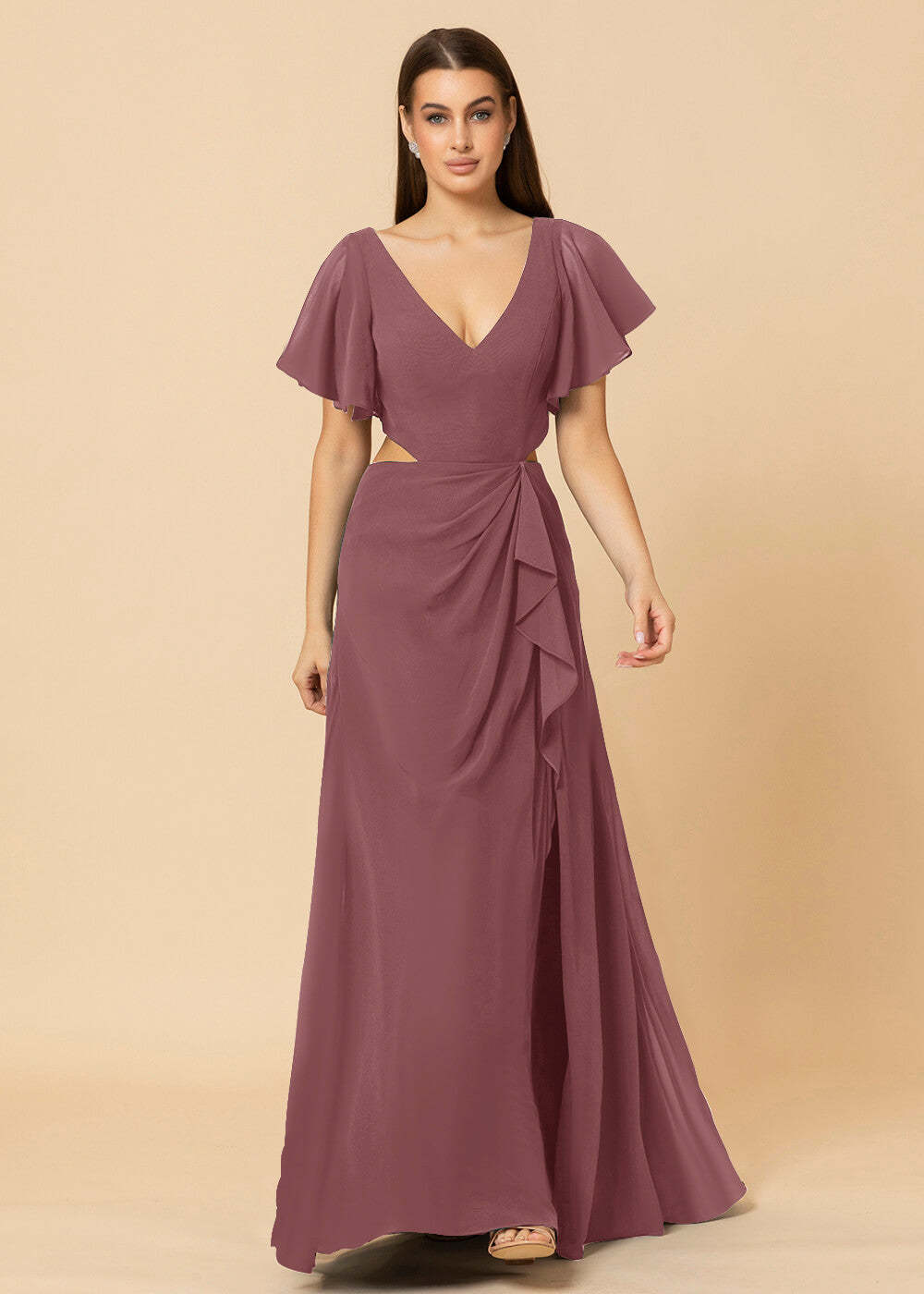 V-neck Waist Cut Out Floor Length Bridesmaid Dress