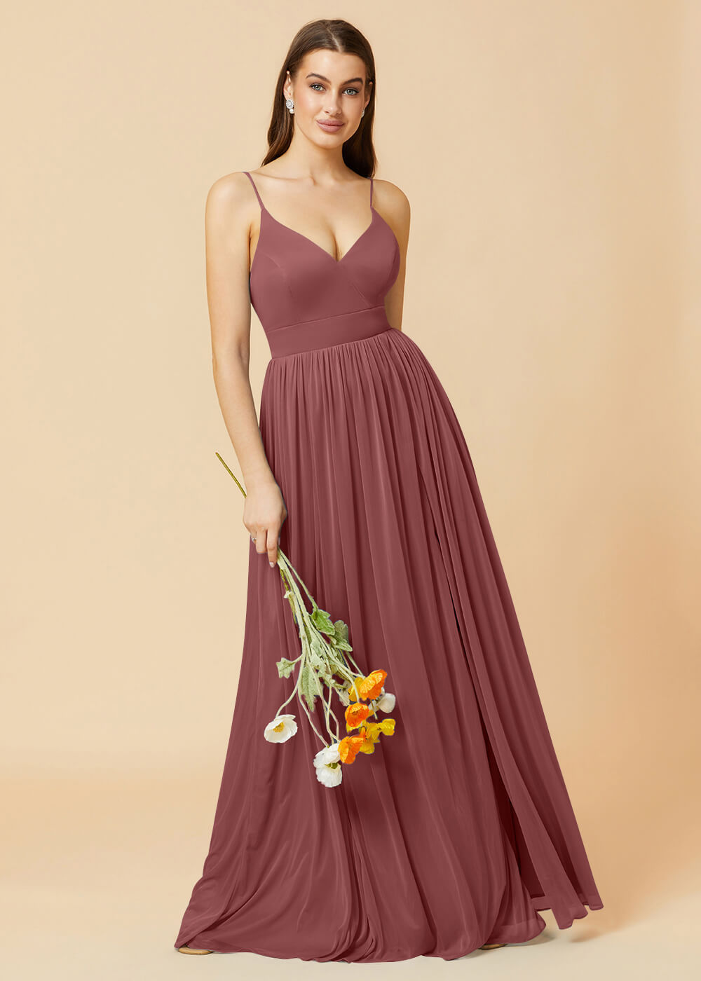 V-neck Spaghetti Strap Open Back Chiffon Bridesmaid Dress