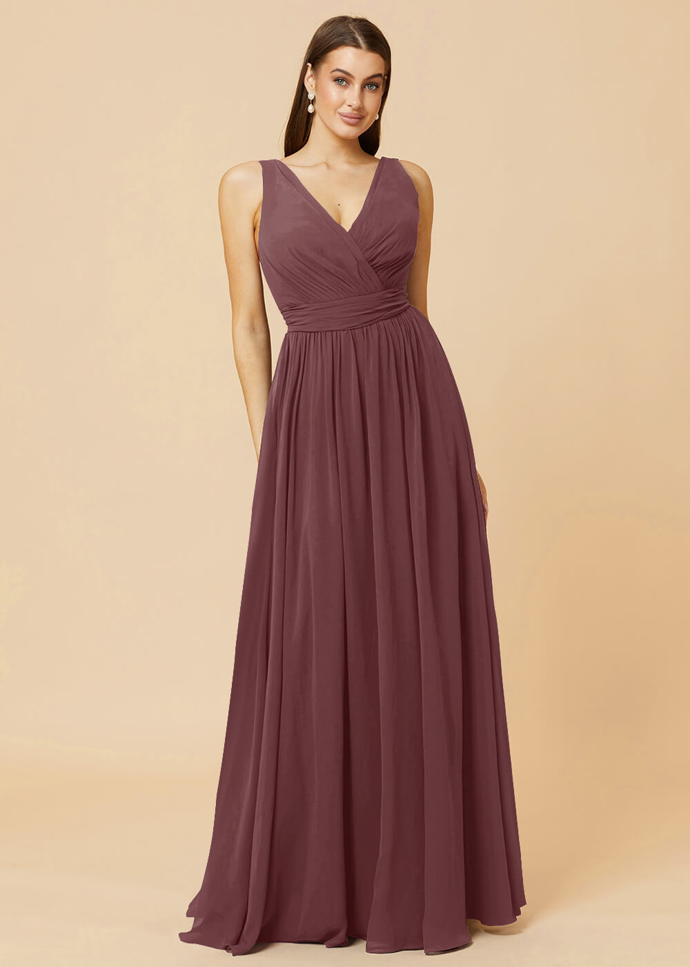 V-neck Pleated Tie Back Chiffon Bridesmaid Dress