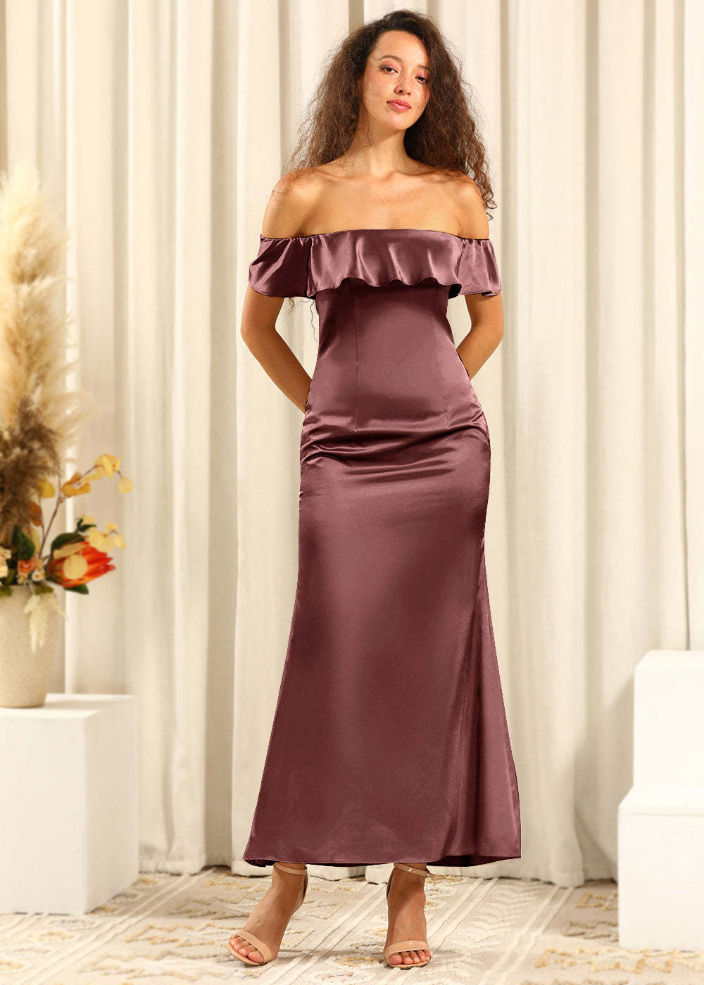 Off The Shoulder Ankle Length Satin Sheath Bridesmaid Dress