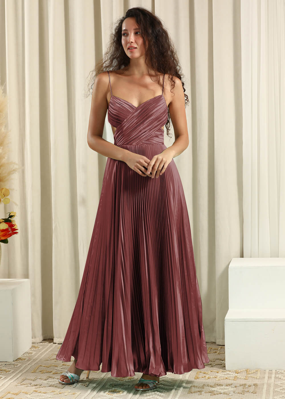 Pleated Satin V-neck Spaghetti Strap A-line Bridesmaid Dress