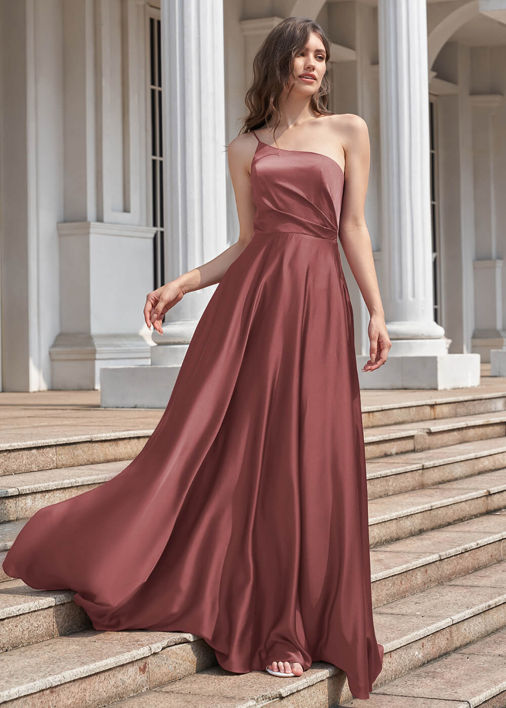 A-line Long One Shoulder Pleated Satin Bridesmaid Dress