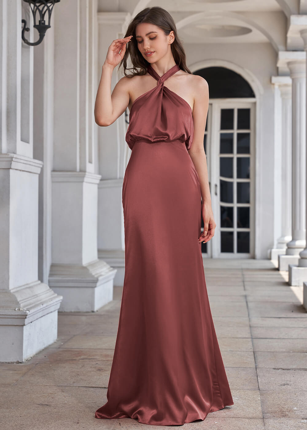 Halter Neck Sheath Satin Floor Length Bridesmaid Dress