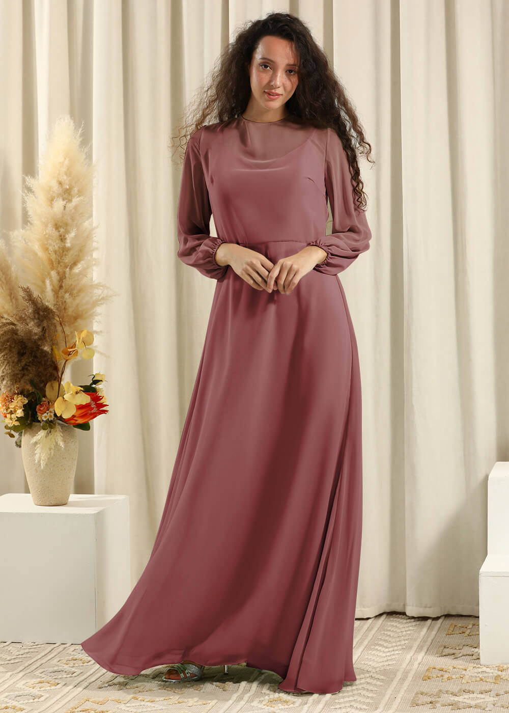Long Sleeve A-line Chiffon Keyhole Back Bridesmaid Dress