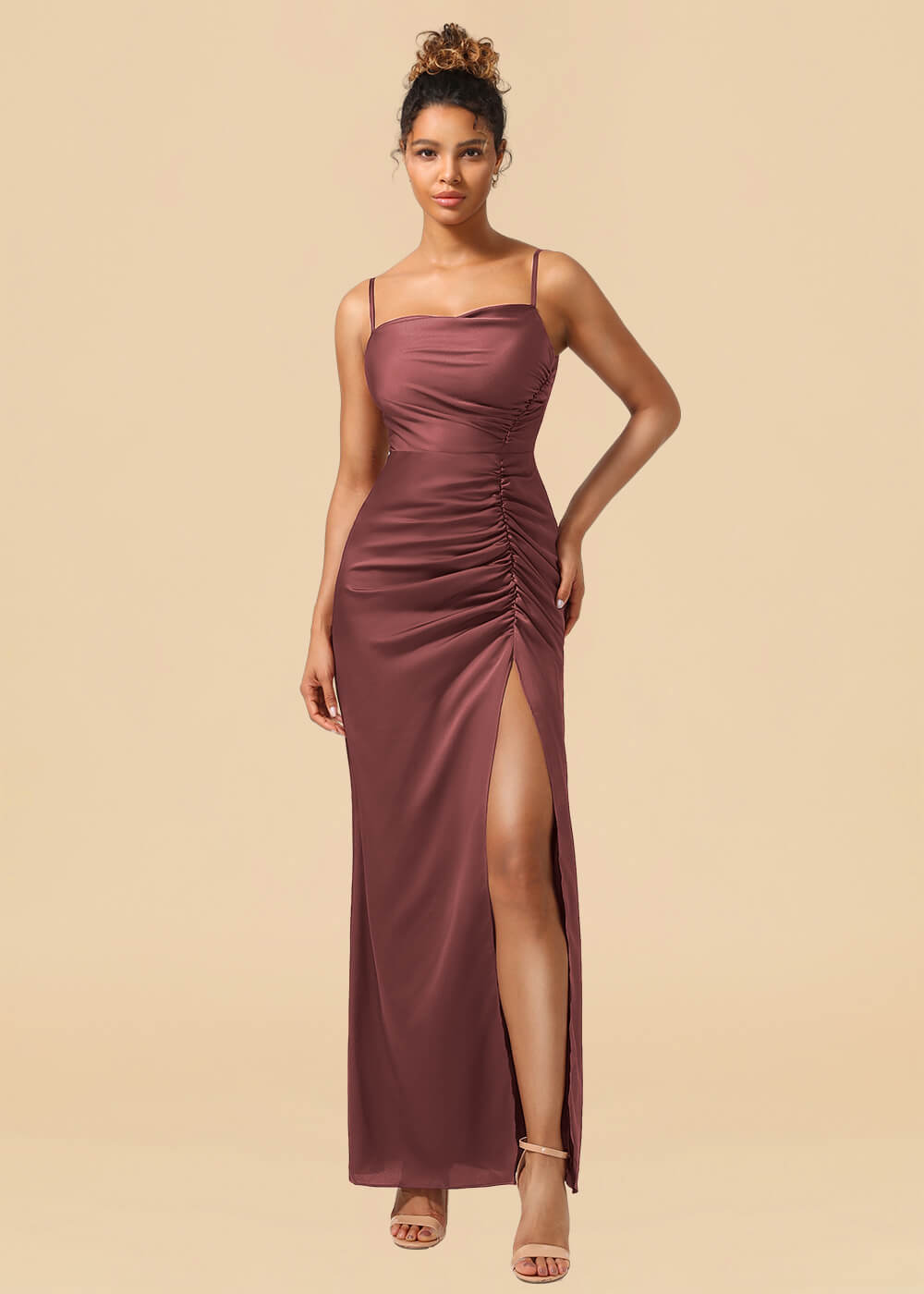 Sheath Satin Pleated Adjustable Spaghatti Strap Maxi Bridesmaid Dress