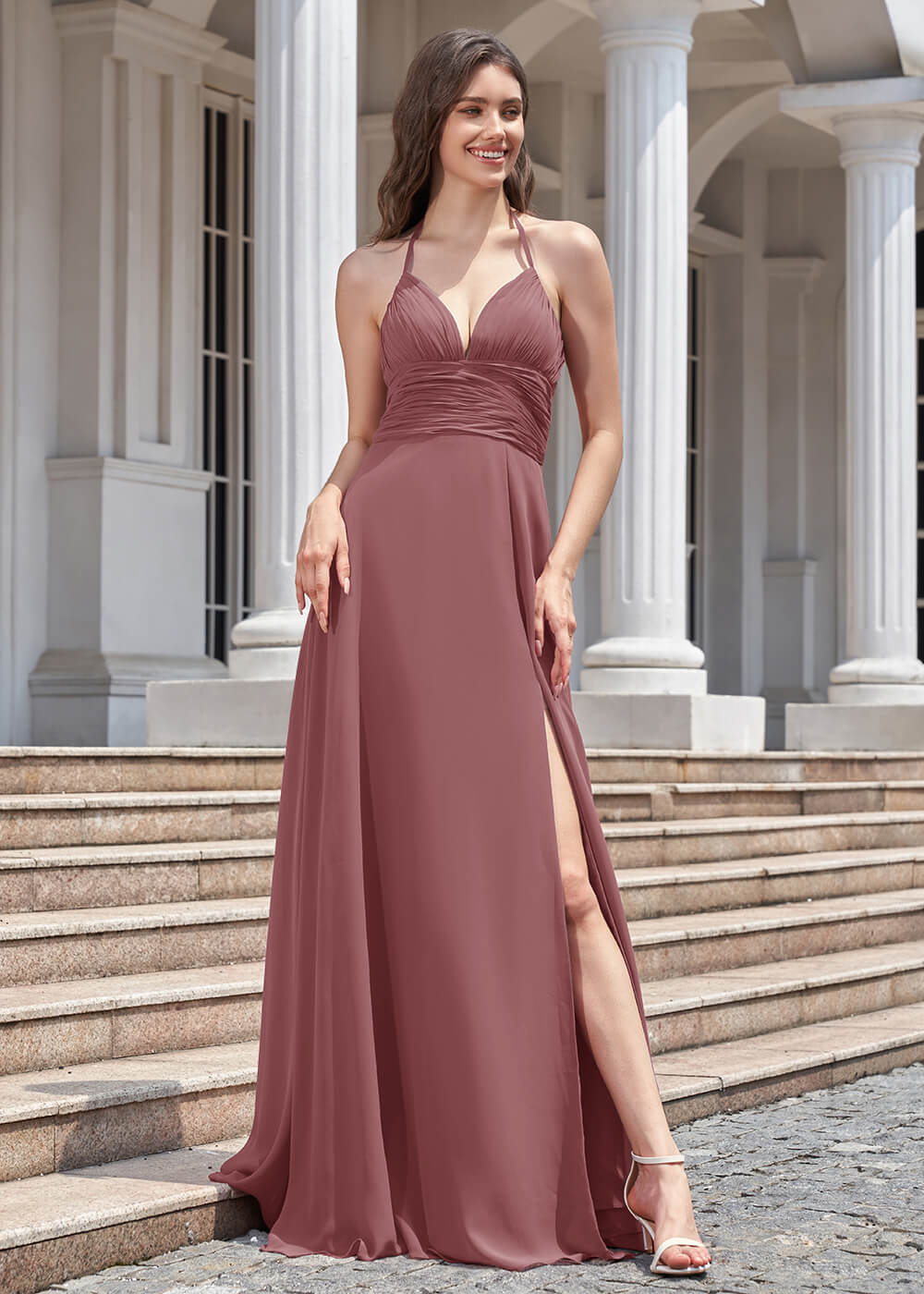 Deep V Halter Neck Pleated A-line Chiffon Long Bridesmaid Dress
