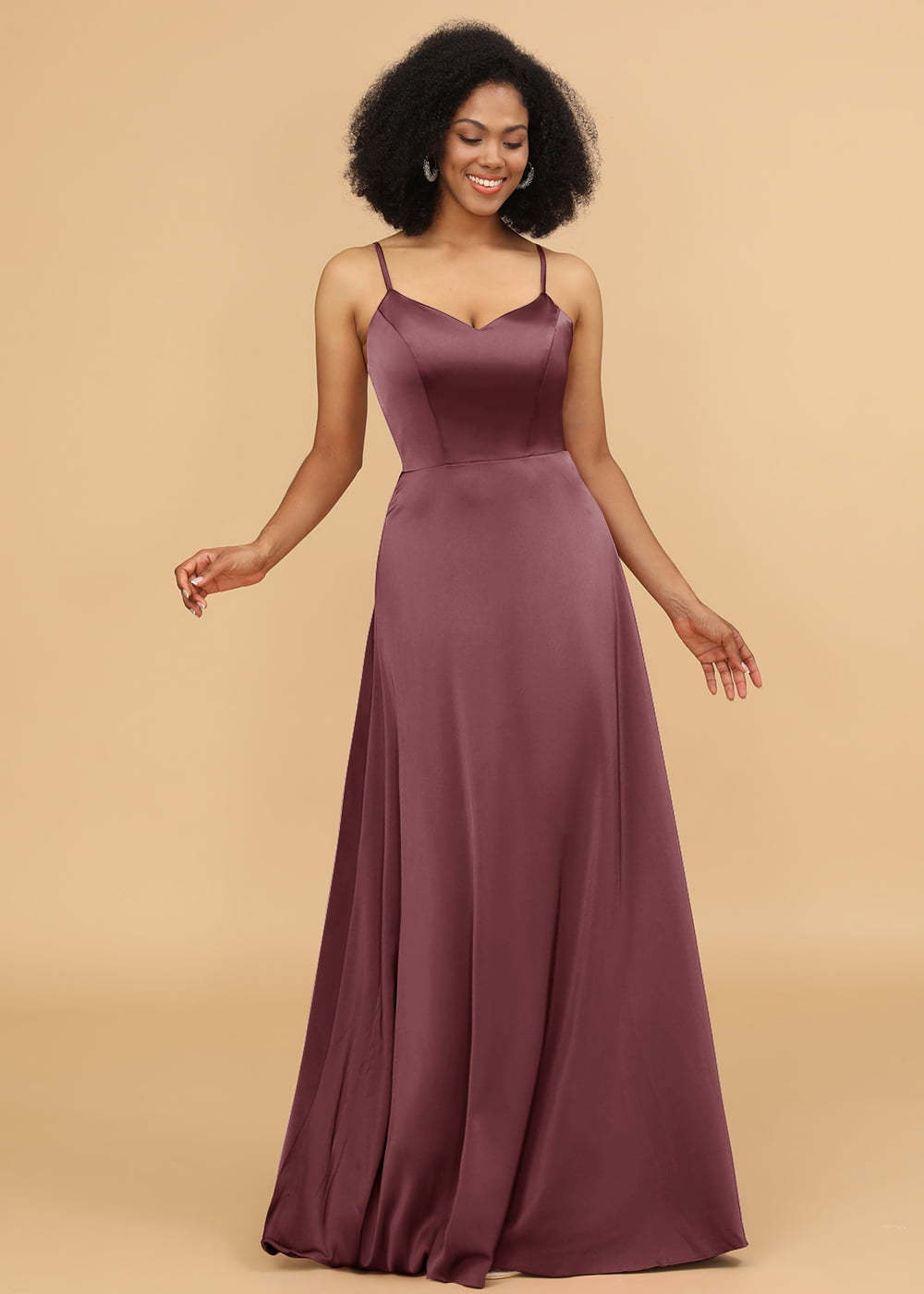Satin V-neck Spaghetti Strap Bridesmaid Dress