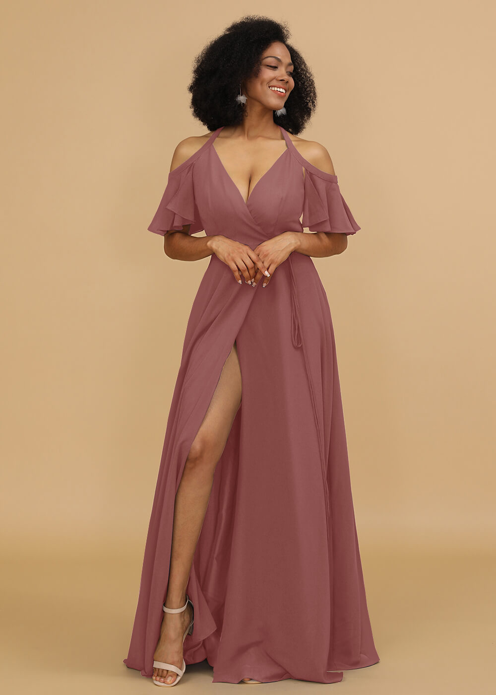 Ruffles Sleeves A-line Wrap Bridesmaid Dress