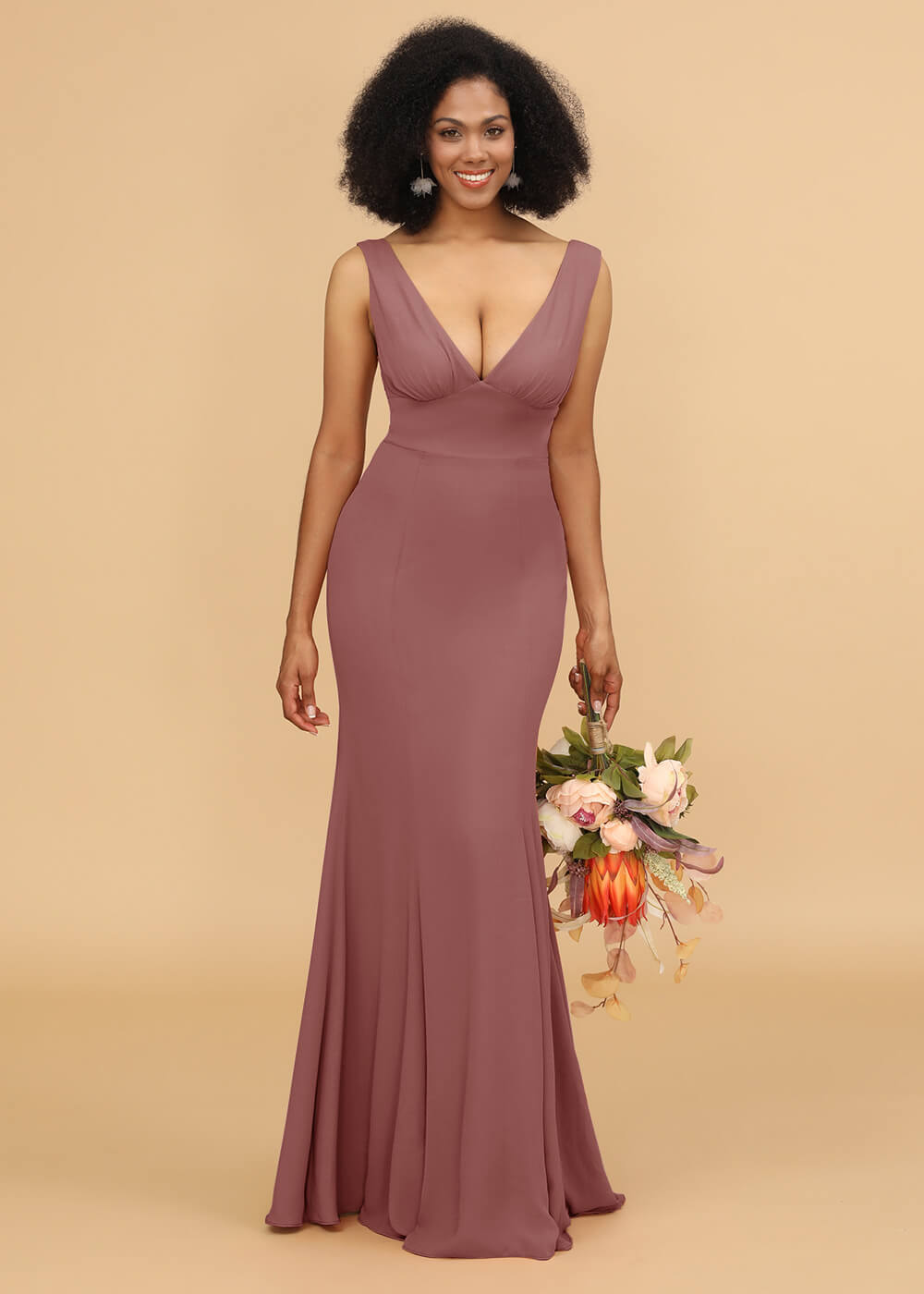 V-neck Trumpet Long Bridesmaid Dress