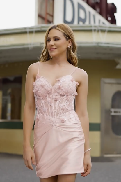 Pink Corset Satin Floral Short Tight Appliqued Homecoming Dress