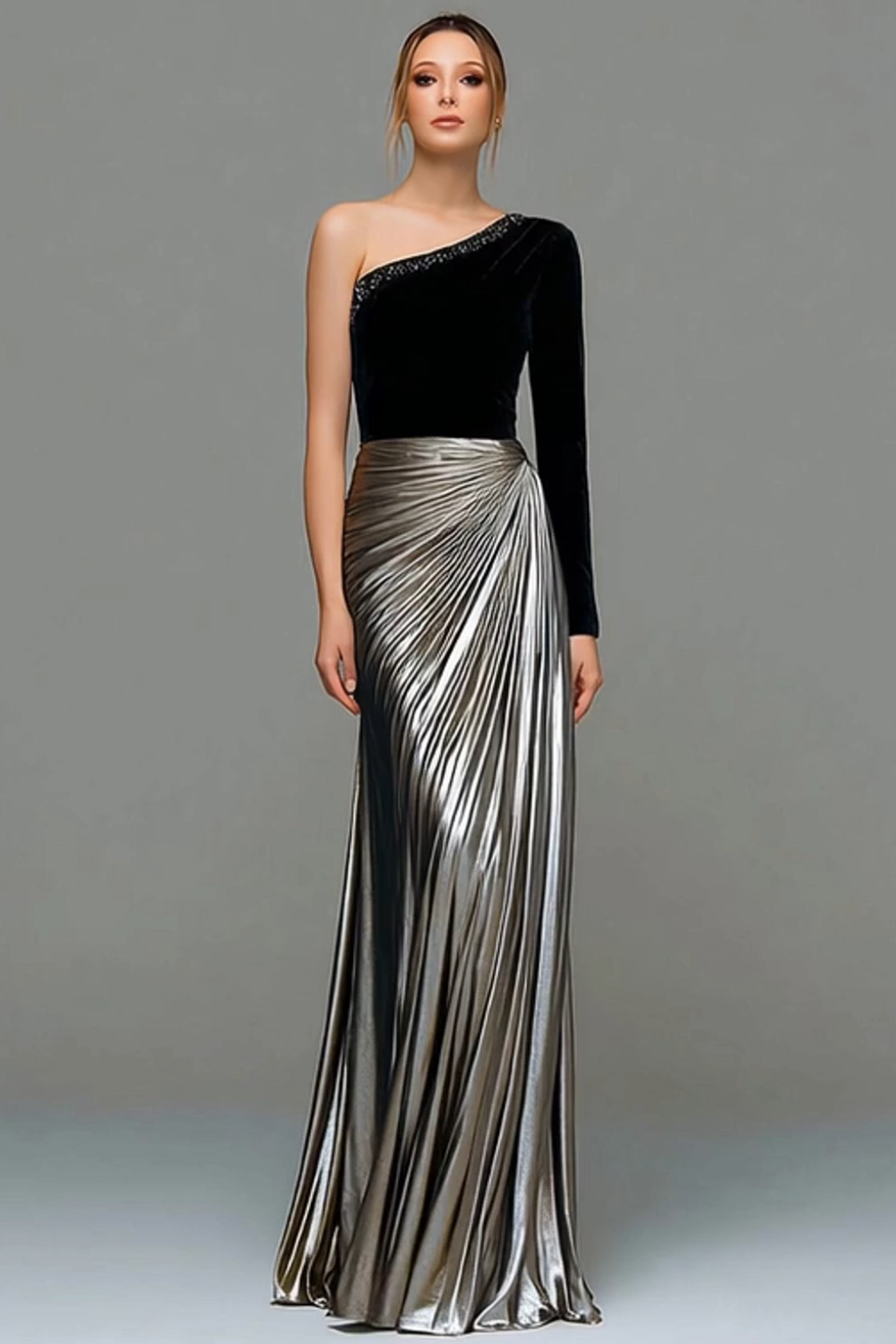 Metallic Black and Grey One Shoulder Velvet Long Holiday Party Dress
