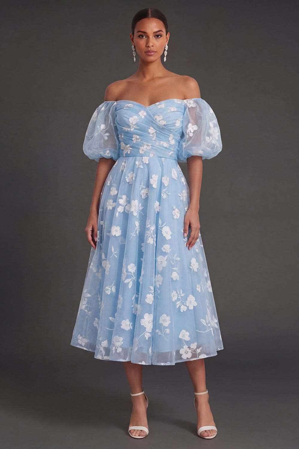 White Floral Appliqued Off the Shoulder Midi Beach Engagement Dress