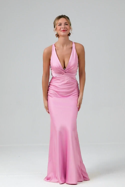 Pink Front Twist Mermaid V Neck Satin Bridesmaid Dress
