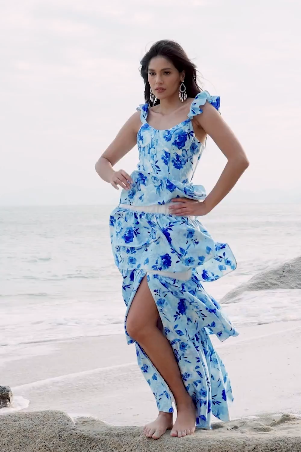 Blue Floral Corset Tiered A-Line Bridesmaid Dress with Slit