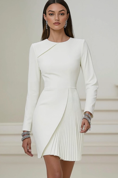 Short Ivory Pencil Pleated Round Neck Work Dress with Sleeves