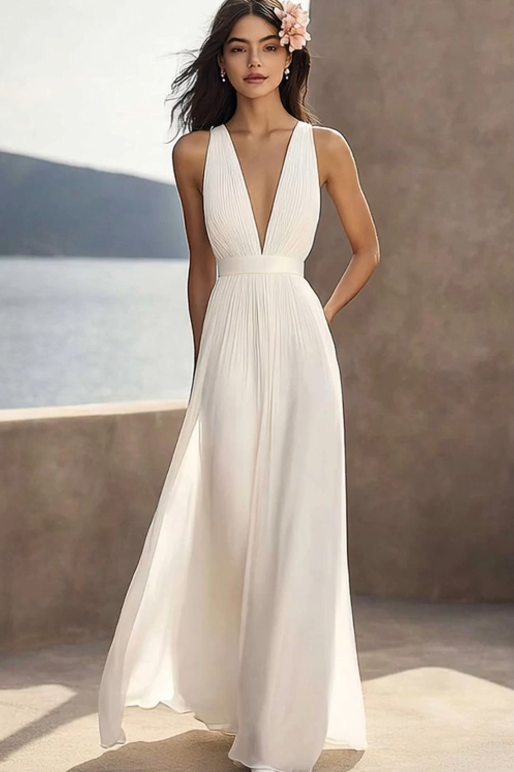 Chiffon Ivory Deep V-Neck Ruched Beach Maxi Engagement Dress