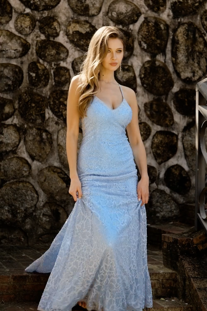 Sparkly Sky Blue Beaded Spaghetti Straps Criss Cross Back Long Prom Dress