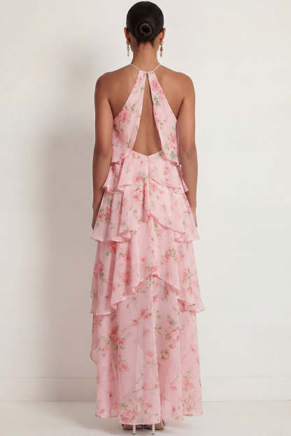 A Line Floral Pink Red Ruffled Halter Neck Long Wedding Guest Dress