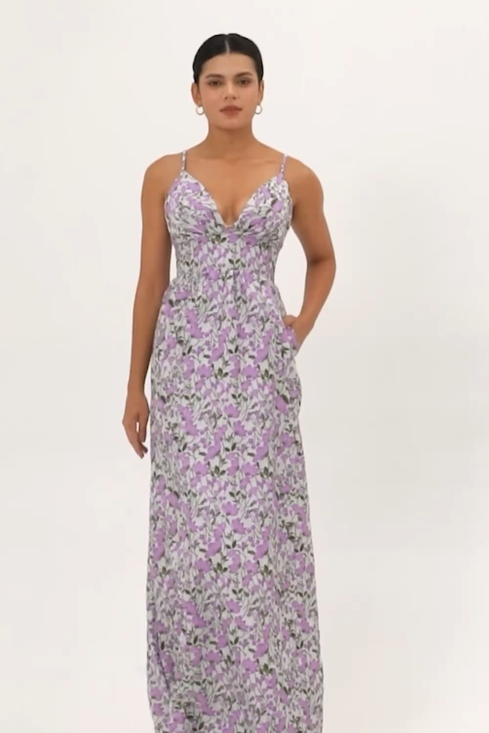 Purple Ruched Floral Spaghetti Straps Long Wedding Guest Dress