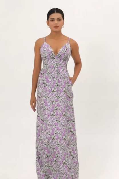 Purple Ruched Floral Spaghetti Straps Long Wedding Guest Dress
